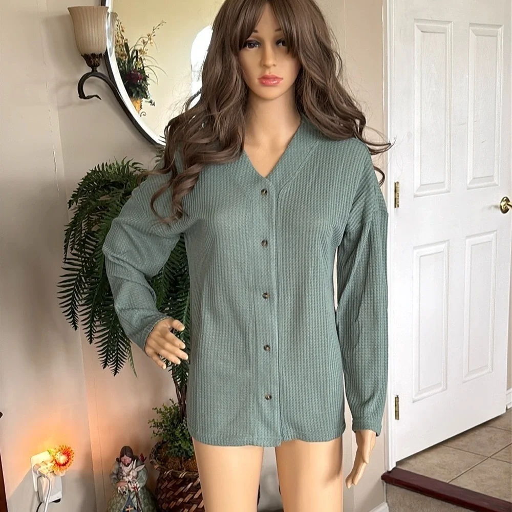 Brand New ADR Button Up Moss Green Pajama Lounge Long Sleeved Top Sleepwear